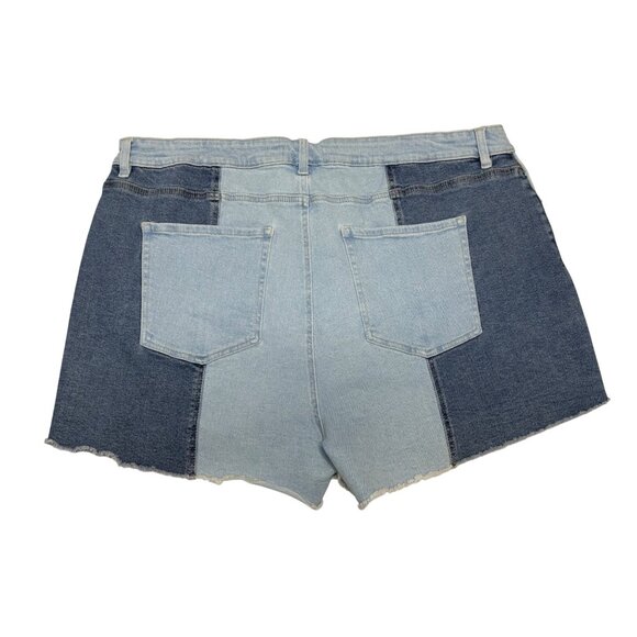 Two Tone Denim Jean Shorts Black Tape Size 24 Colorblock Raw Hem New - Picture 2 of 7
